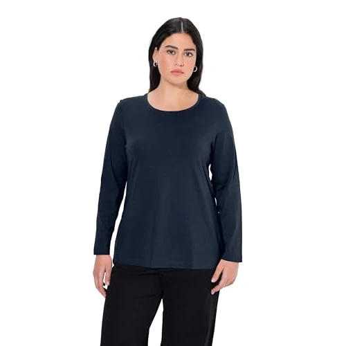 Ulla Popken Basic damesshirt met lange mouwen, ronde, blauw (71), 50/52 NL