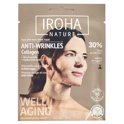 Iroha Nature - Anti-Aging-gesichtsmaske und Halsmaske mit Kollagen | Strafft und beugt Falten und feinen Linien vor | Ergebnisse in 15 Minuten | 96% natürliche Inhaltsstoffe | Ideal für reife Haut