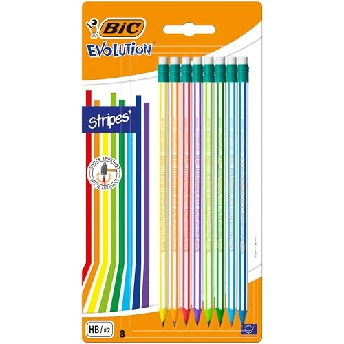 Offre limitée : BIC Evolution Stripes avec Gomme Crayons à Papier HB avec Gomme Intégrée - Couleurs Assorties, Blister de 8 de 5.00 € à 5.00 € (0.00% de remise)