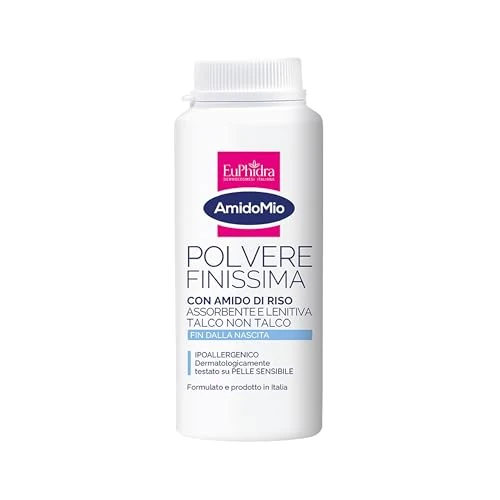 Euphidra – AmidoMio, feinstes Puder, 40% Reisstärke, beruhigende und erfrischende Wirkung, hält die Haut trocken und geschützt, ohne Talkum, 100 g