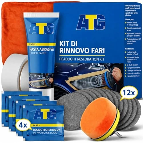 Offerta a tempo: ATG Kit Rinnova Fari Auto - Kit Lucidatura Fari Auto - Polimero Liquido Fari Kit - Lucida Fari Auto - Prodotti Pulizia Auto - Kit Lucidatura Auto - Kit Polimero per Fari - pulizia fari auto opachi - 19% da 19.99 € a 16.28 €
