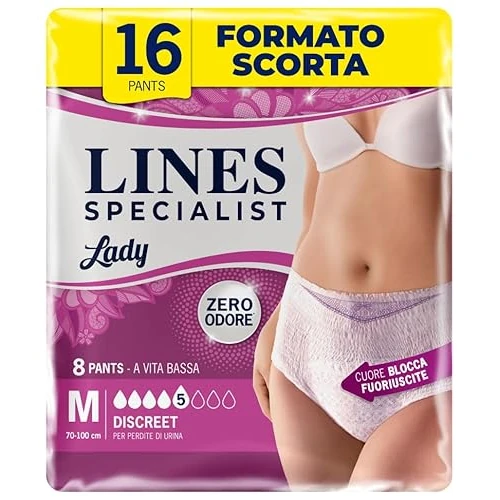 Offerta a tempo: Lines Specialist Pants Lady Discreet, Mutande Assorbenti per Incontinenza Donna, Vita Bassa, Femminili e Discreti, Zero Odore e Barriere Laterali Protettive, Taglia M, 2 Confezioni da 8 Unità - 20% da 16.34 € a 13.07 €