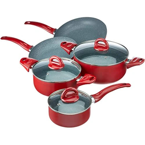 Offerta a tempo: Tognana Rock in Red, Batteria di pentole e padelle, Set con 2 padelle, 3 casseruole, 3 coperchi trasparenti, 8 Pezzi, Alluminio, Rosso — 27% da 98,89 € a 72,51 €