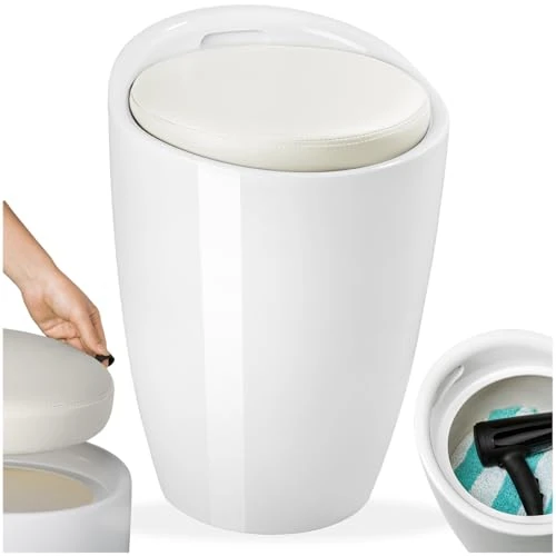 Offerta a tempo: tectake® Sgabello per Bagno e Contenitore Lavanderia, Plastica ABS, Cuscino Rimovibile in Pelle Sintetica, Capacità 18L, Max 150kg, Ø36x51cm, Ultraleggero - Bianco/Bianco - 43% da 85.99 € a 48.79 €