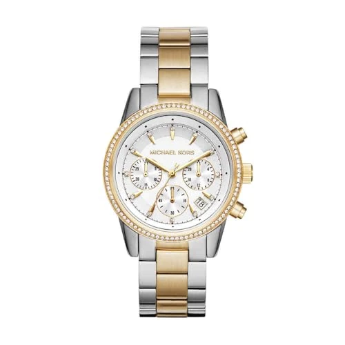 Michael Kors Ritz Chronograaf quartz horloge met zilveren en gouden tinten roestvrijstalen band voor dames MK6474