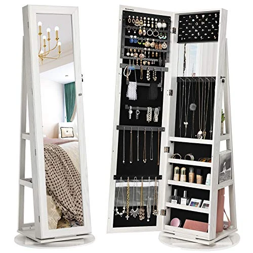 Offre limitée : SONGMICS Armoire à Bijoux, Organisateur d’Accessoires, avec Miroir Pleine Longueur, Pivotant à 360°, Étagère de Rangement, Verrouillable avec des Clés, pour Chambre, Blanc Boisé Grisâtre JBC62W de 125.99 € à 125.99 € (0.00% de remise)
