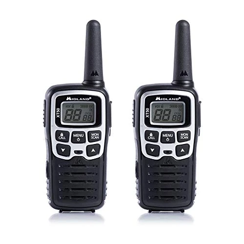 Midland - Walkie Talkie Profesional Largo Alcance XT50, 2 Radioaficionados para Outdoor y Obras, 24 Canales PMR446 Sin Licencia, 38 Tonos CTCSS, Cobertura 8Km, Carga Rápida, Recargable con Cable USB