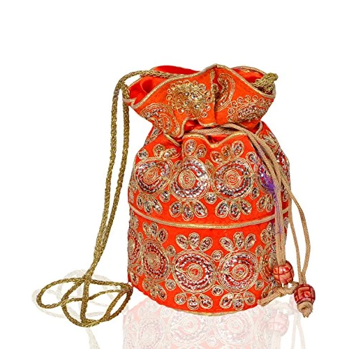 Offerta a tempo: Purpledip Potli Bag (pochette con coulisse) da donna con intricato filo dorato e ricamo con paillettes, Arancione, Taglia unica - 73% da 26.99 € a 7.40 €