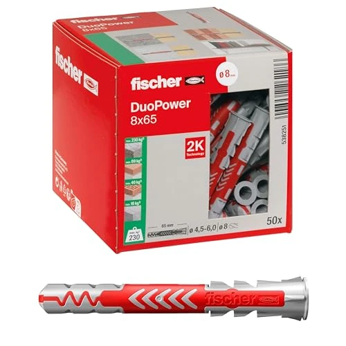 Fischer 538251 Duopower Uniwersalne Kołki do Mocowania Szafek w Betonie, Murze, Materiałach Budowlanych i Wielu Innych, 8 x 65 mm