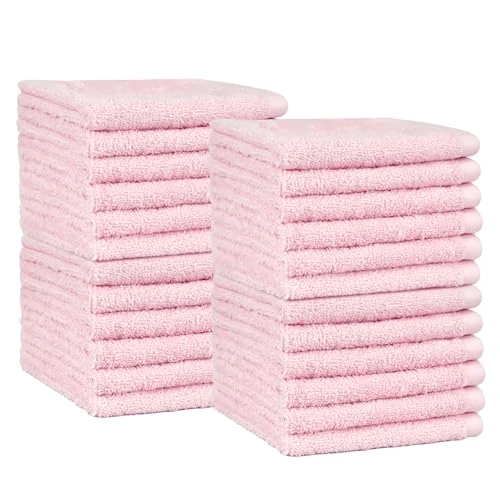 Amazon Basics Face Towel Set for bathroom, 100% Cotton Extra Absorbent Fast Drying Face Cloths 30 x 30 cm, Petal Pink, 24-Pack