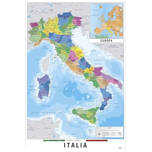 Grupo Erik - Póster Mapa Italia Fisico Politico, 61x91,5 cm