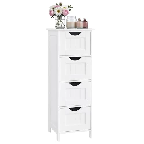 VASAGLE Meuble de Salle de Bain, Armoire sur Pied, avec 4 Tiroirs, 30 x 30 x 82 cm, pour Salon, Salle à Manger, Cuisine, Style Moderne, Blanc LHC40W
