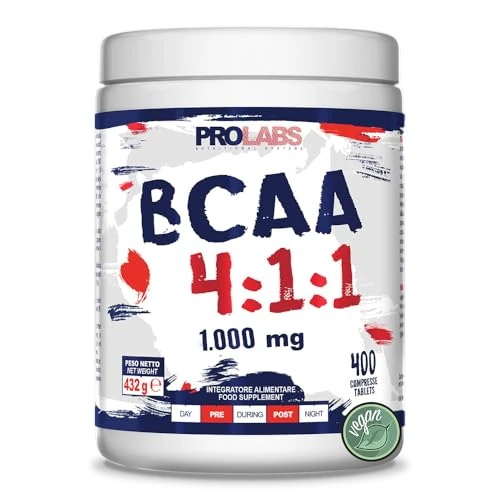 Offerta a tempo: PROLABS – Bcaa Aminoacidi Ramificati Compresse 4.1.1, Amminoacidi 100% Veg con Vitamina B6, B1 e L-Leucina (4 parti) Crescita e Recupero Muscolare, Integratore Post e Pre Workout, 400 Tablet (1000 mg) - 0.00% da 21.97 € a 21.97 €
