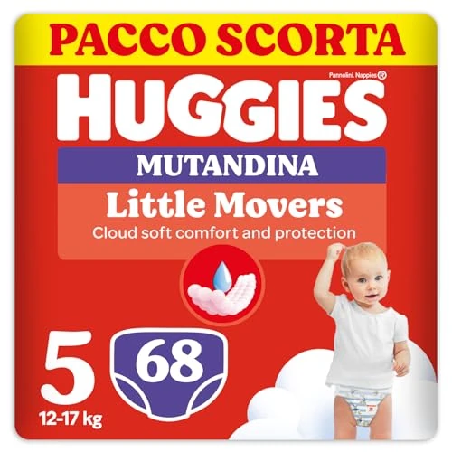 Offerta a tempo: Huggies Little Movers Pannolini Mutandina Taglia 5 (12-17 Kg), Ultra assorbente, Protezione completa, Pacco Scorta, 68 Pz - 31% da 29.16 € a 19.99 €