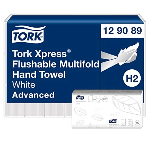 Tork 129089 Xpress Asciugamani piegati a Z Flushable Advanced, compatibili con il sistema H2, 2 veli, 1 conf. da 21 pacchetti x 200 asciugamani, colore bianco