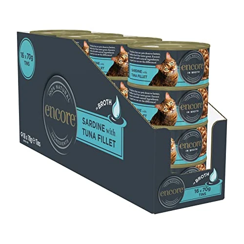 Offerta a tempo: Encore Cibo umido naturale per gatti al 100%, sardine con tonno in brodo, latta da 70 g (confezione da 16 scatole) - 30% da 19.39 € a 13.59 €