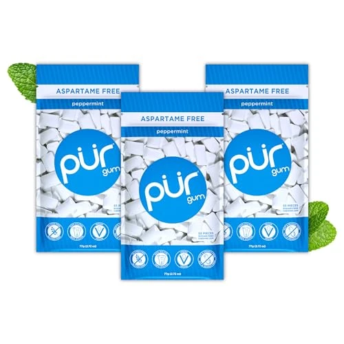 Tijdelijke aanbieding: PUR 100% Xylitol Chewing Gum, Sugarless Peppermint, Aspartame Free + Sugar Free, Vegan & Keto Friendly – Relieves Dry Mouth – Fresh Mint Pure Natural Flavoured Candy, 55 Count (Pack of 3) van 10.99 EUR naar 10.99 EUR (korting 0%)