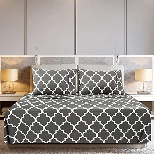 Utopia Bedding Bedrucktes Bettwäsche-Set, 1 Spannbetttuch, Bettlaken und 2 Kissenbezüge, weich gebürstetes Mikrofasergewebe, schrumpft verblasst Nicht (Queensize, graues Vierpass) mit weißem Muster