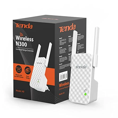 Tenda A9 N300 Repetidor de red Wifi Extensor Amplificador de Cobertura (300Mbps, 2 Antenas externas, Red Cobertura WiFi inalambrico más de 200 Metros, Compatible con los Routers y ADSL/Fibra)