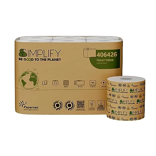 Papernet Simplify - Papel higiénico Carbono Neutro 406426, 1 Paquete de 12 Rollos de celulosa Pura de 18,15 m Cada una, 2 velos, 165 Rotos de 9,5 x 11 cm