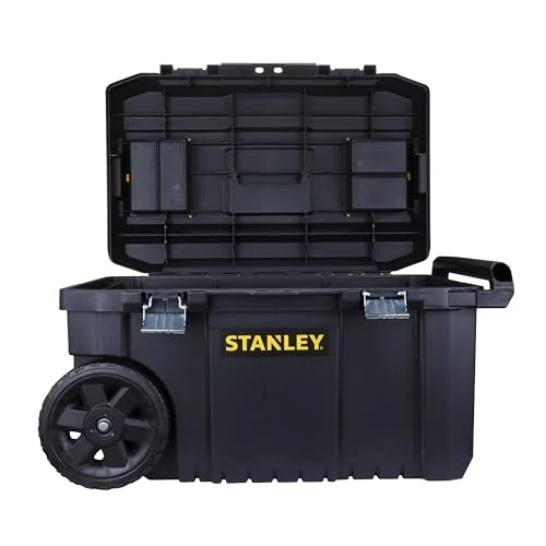 STANLEY Rolling Toolbox Chest with Heavy Duty Metal Latch, 2 Lid Organisers for Small Parts, Portable Tote Tray for Tools, STST1-80150, Black