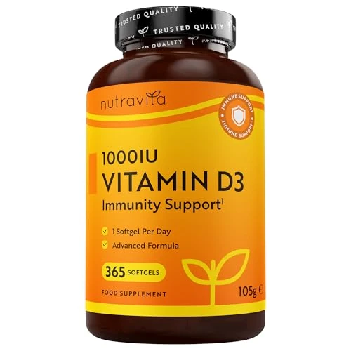 Oferta limitada: Vitamina D3 1000 UI - 365 Cápsulas de Gel de Colecalciferol (Suministro Para Un Año) - Vitamina D Contribuye al Mantenimiento de Huesos y Dientes Normales - Hecho en el Reino Unido por Nutravita de 14.99 EUR a 11.99 EUR (ahorro 20%)