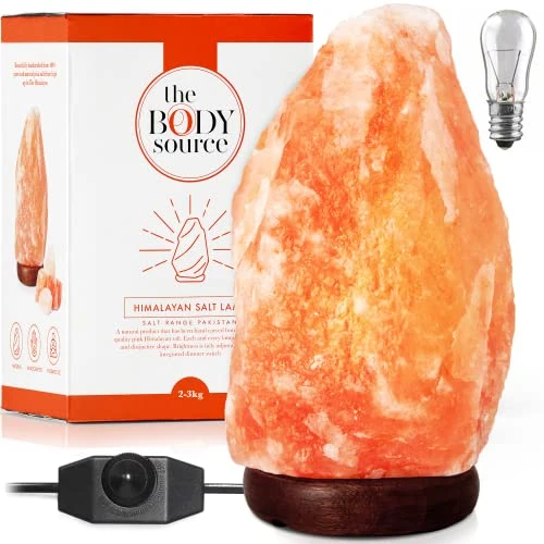 The Body Source Himalaya Salt Lamp (2-3 kg) with Dimmer Switch Light from the Salt Range Pakistan on a Wooden Stand - Night Light Includes 2x 15W Bulbs and Gift Box