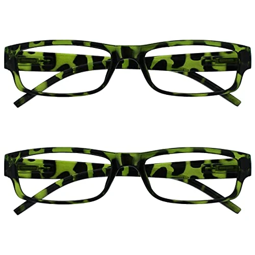 OPULIZE ACE Reading Glasses for Women Men, Lightweight Comfortable Narrow Rectangular Frame with Spring Hinges and Scratch Resistant, Green Tortoiseshell +3.50 (Pack of 2)