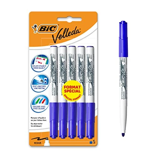 Offerta a tempo: BIC Velleda 1741 Pennarelli per Lavagna Bianco Cancellabili a Secco, Punta Conica Media, Blu, Blister Formato Speciale di 5 - 15% da 5.40 € a 4.59 €