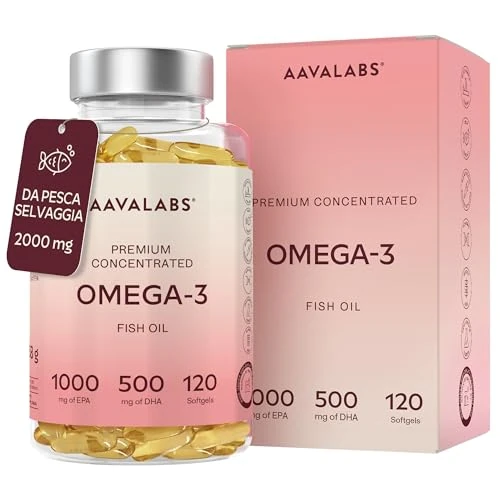 Offerta a tempo: Omega 3 2000mg ad Alto Dosaggio - Olio di Pesce Omega 3 Capsule - Integratore Omega 3 1000mg EPA 500mg DHA per dose giornaliera (2 capsule) - Fish Oil Puro Non-OGM Fonte di Acidi Grassi - 120 softgel - 0.00% da 24.99 € a 24.99 €
