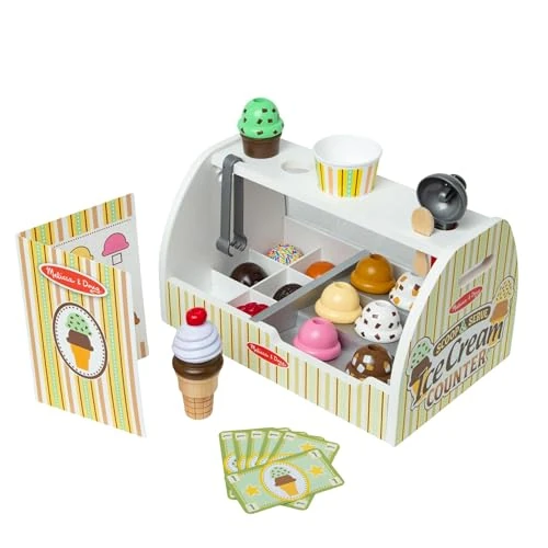 Melissa & Doug - Puesto de Helados Madera 28 Piezas: Heladería con 8 Bolas de Helado, Conos y Más - Juguetes Niños 3 Años, Regalo Niño 3 Años, Accesorios Cocinita Infantil