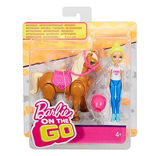 Barbie FHV63, On-the-Go Doll (blonde) & light brown mini pony with pink saddle.