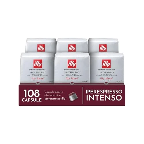 Offerta a tempo: illy, Caffè in Capsule Iperespresso INTENSO, 100% Arabica con Note di Cacao e Frutta Secca, Retrogusto Pieno e Corposo, 6 Confezioni da 18 (108 Capsule Totali) - 0.00% da 52.00 € a 52.00 €
