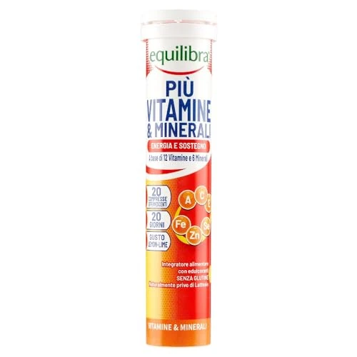 Offerta a tempo: equilibra Integratori Alimentari, Più Vitamine e Minerali, Integratore Multivitamine con 12 Vitamine e 6 Minerali per Efficienza e Vitalità, Gusto Lemon Lime, 20 Compresse Effervescenti - 30% da 5.49 € a 3.87 €