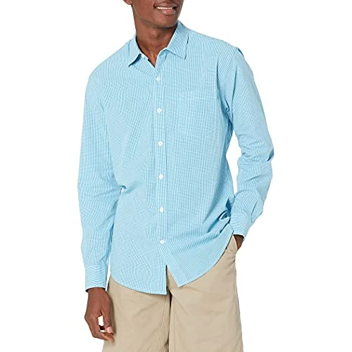 Amazon Essentials Men's Regular-Fit Long-Sleeve Gingham Shirt, Aqua Mini-Gingham, Small
