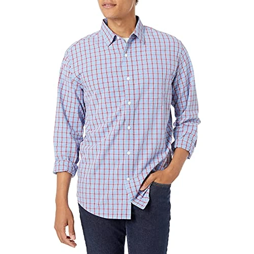 Beperkte aanbieding: Amazon Essentials Men's Casual poplin overhemd met normale pasvorm en lange mouwen, Lichtblauw Rood Plaid, S van 25.99 EUR naar 25.99 EUR (besparing 0%)