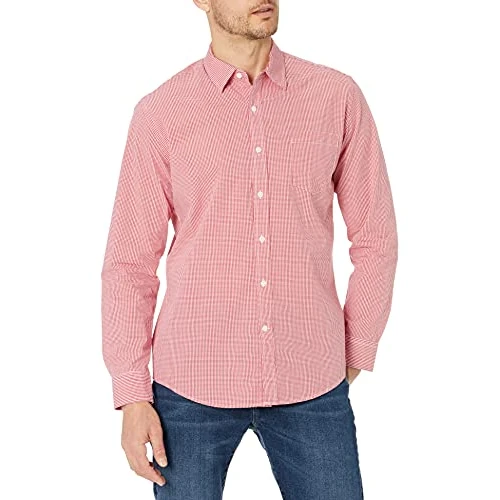 Amazon Essentials Camisa Informal de Popelina con Manga Larga y Corte Recto Hombre, Rojo Guinga, L