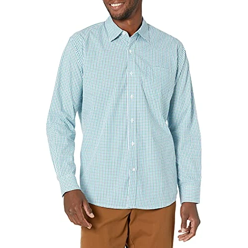 Zeitlich begrenztes Angebot: Amazon Essentials Herren Langärmeliges Business Hemd aus Popeline, Normale Passform, Green/Blue Tattersall, M von 20.50 € auf 20.50 € (0.00% Rabatt)