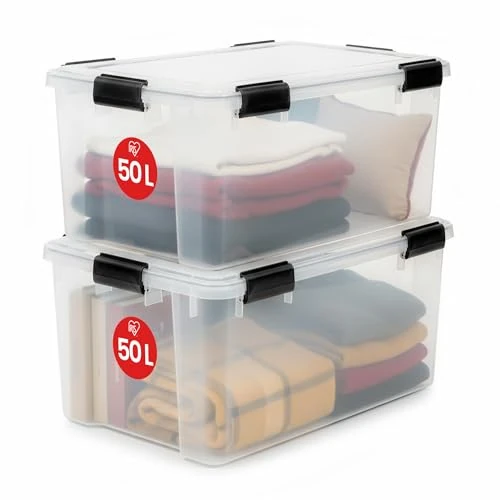 Oferta limitada: Iris Ohyama 2 Cajas herméticas de plástico con tapa y cierres a presión, 50L, Transparente, sello impermeable, apilables, antipolvo, para ropas, camping, exteriores, cubo de almacenaje, box, AT-L de 49.99 EUR a 49.99 EUR (ahorro 0%)