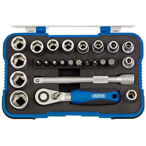 Oferta limitowana: Draper 16354 1/10.2 cm 25-częściowy zestaw nasadek metrycznych z napędem kwadratowym, odwracalne narzędzie ręczne, grzechotka z miękkim uchwytem, 12 gniazd metrycznych, narzędzia samochodowe, z 133.76 zł na 133.76 zł (oszczędź 0.00%)