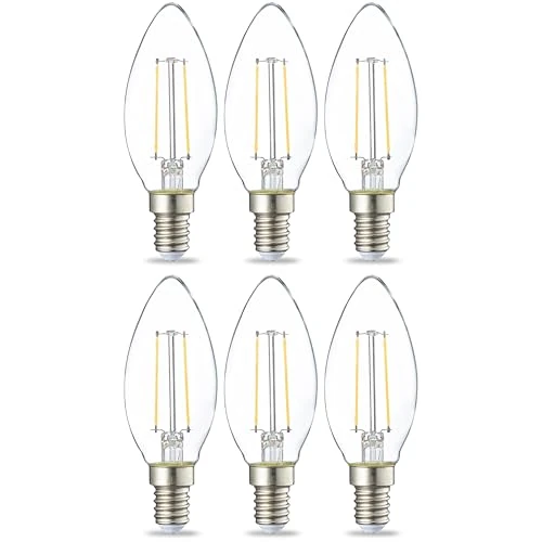 Amazon Basics Lot de 6 petites ampoules LED en forme de flamme Culot Edison à vis E14 2.1 W (équivalent 25 W) Filament transparent Intensité non variable, blanc chaud