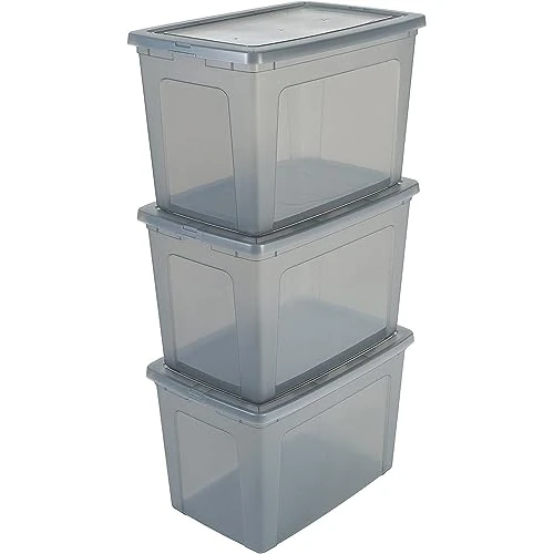 Iris Ohyama, Set van 3 opbergdozen, 70L, Stapelbaar, Garage, slaapkamer, woonkamer,MCB-70, B59,5 x D39,5 x H39 cm - Grijs