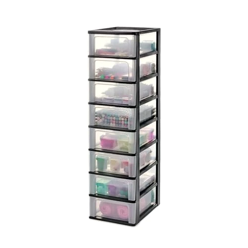 Iris Ohyama, Plastic Drawers Storage Unit, Plastic Storage Drawers, A4 Format, H96.5cm/8 Drawers, BPA Free, Black, W35.5 x D26 x H96.5cm, OCH-2008