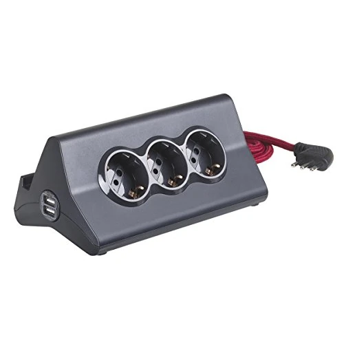 BTicino Stardesk Mehrfachsteckdose für den Schreibtisch mit 10 A Stecker, 3 Steckdosen P30, 2 USB-Stecker, mit Schalter, Kabellänge: 2 Meter,S3713DBU, schwarz, S3713GBU