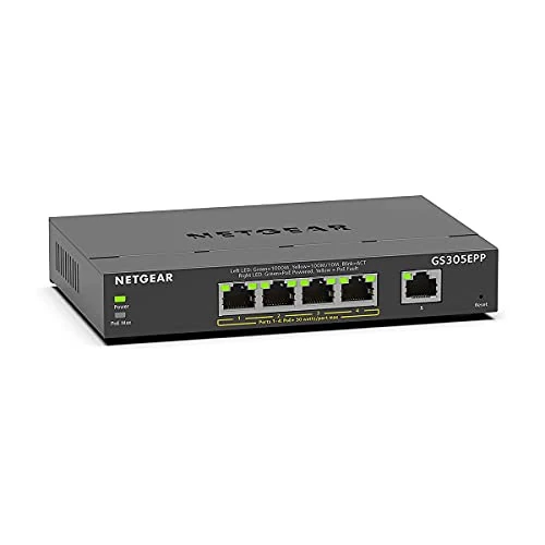 NETGEAR (GS305EPP) Switch Ethernet PoE 5 Ports RJ45 Gigabit (10/100/1000), Serie Plus Manageable PoE+, Switch RJ45 avec 4 Ports PoE+ 120 W, positionnement Bureau ou Mur, Silencieux, idéal PME