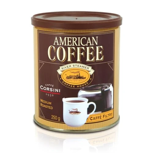 Offerta a tempo: Caffè Corsini - Caffè Americano, Miscela di Macinato per Filtro, Leggero e Profumato, 4 Lattine da 250 Grammi Cadauna - 7% da 28.99 € a 27.05 €