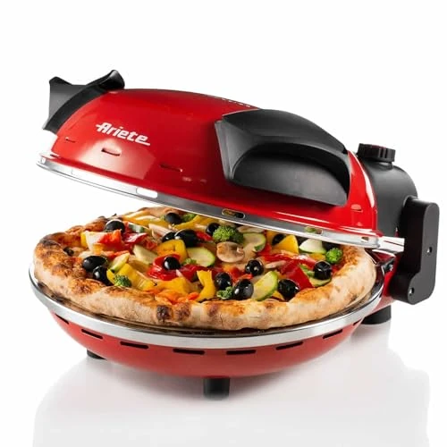 Ariete 909 - Mini horno para pizza en 4 minutos, 1200 W, 5 niveles temperatura, diámetro 33 cm, regulador de tiempo 30 minutos y temperatura, indicador luminosos encendido/apagado, color rojo negro