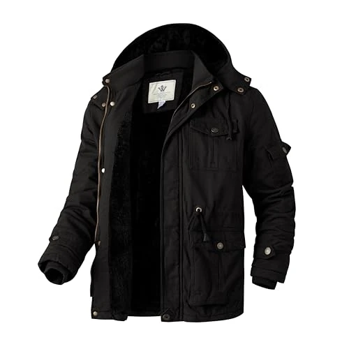 WenVen Chaqueta de Algodón a Prueba de Viento Abrigo Forro Polar Grueso Chaqueta Longitud Media Delgada Parka Capucha Gruesa Extraíble Hombre Negro Medium