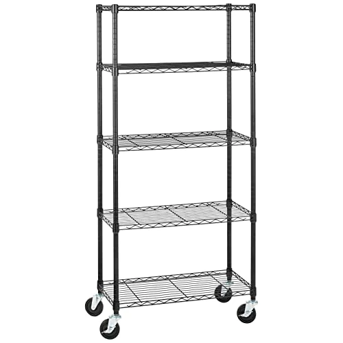 Limited offer: Amazon Basics 5-Shelf Adjustable, Heavy Duty Storage Shelving Unit on 4'' Wheel Casters, Metal Organizer Wire Rack, 30" L x 14" W x 64.75" H, Black from 69.99 EUR to 59.49 EUR (save 15%)