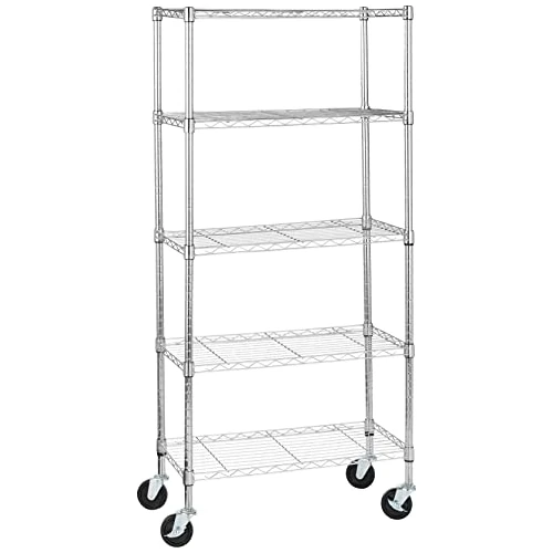 Limited offer: Amazon Basics 5-Shelf Adjustable, Heavy Duty Storage Shelving Unit on 4'' Wheel Casters, Metal Organizer Wire Rack, 30" L x 14" W x 64.8" H, Chrome from 59.68 EUR to 50.13 EUR (save 16%)